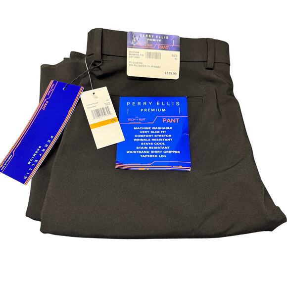 Perry Ellis Premium Pants Mens 33 UNHEMMED Black Tech + Suit Slim Fit NEW - Picture 1 of 11